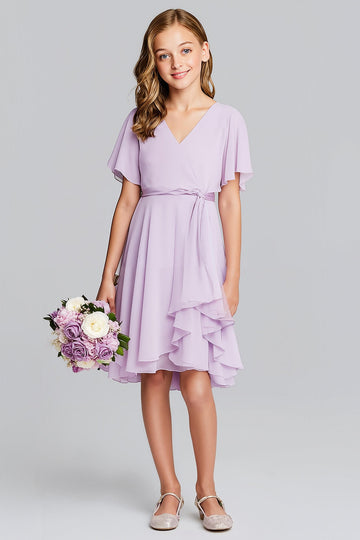 Purple V-Neck Chiffon A-Line Midi Junior Bridesmaid Dress with Short Sleeves